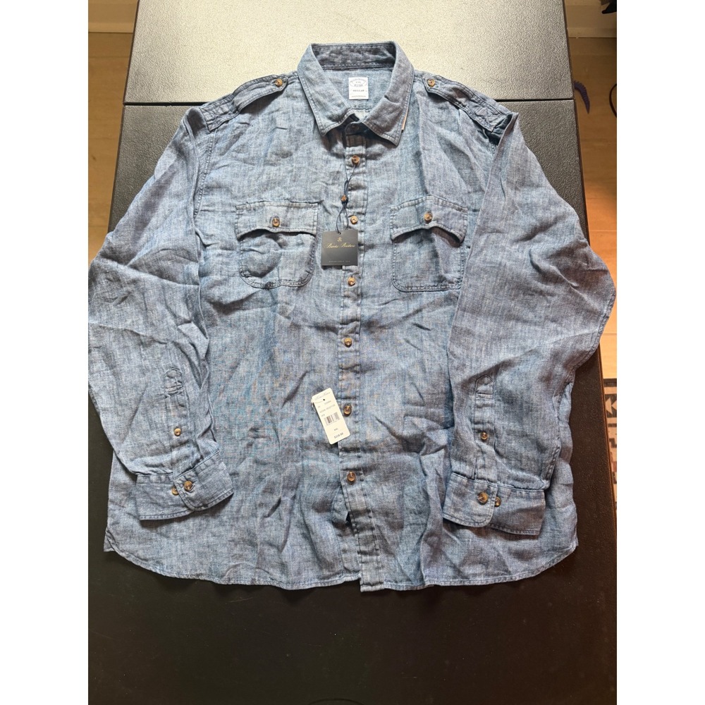 Brooks Brothers Mens XXL Regular Fit Indigo Linen Long Sleeve Utility Shirt NWT